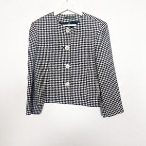 Lauren Ralph Lauren Womens Size 14 Blazer Jacket Cropped Linen Silk Black White